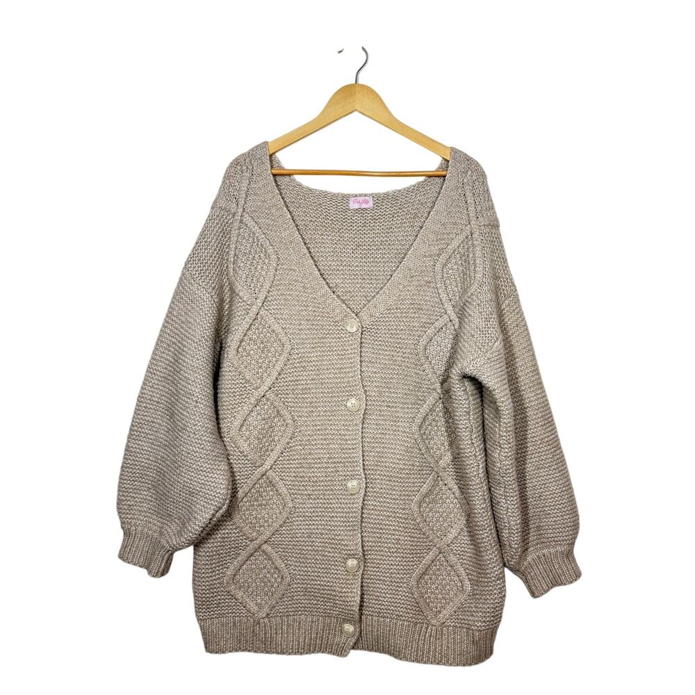 Pink Lily Knit Cardigan Sweater Womens Large‎ Tan V-Neck Drop Shoulder Preppy
